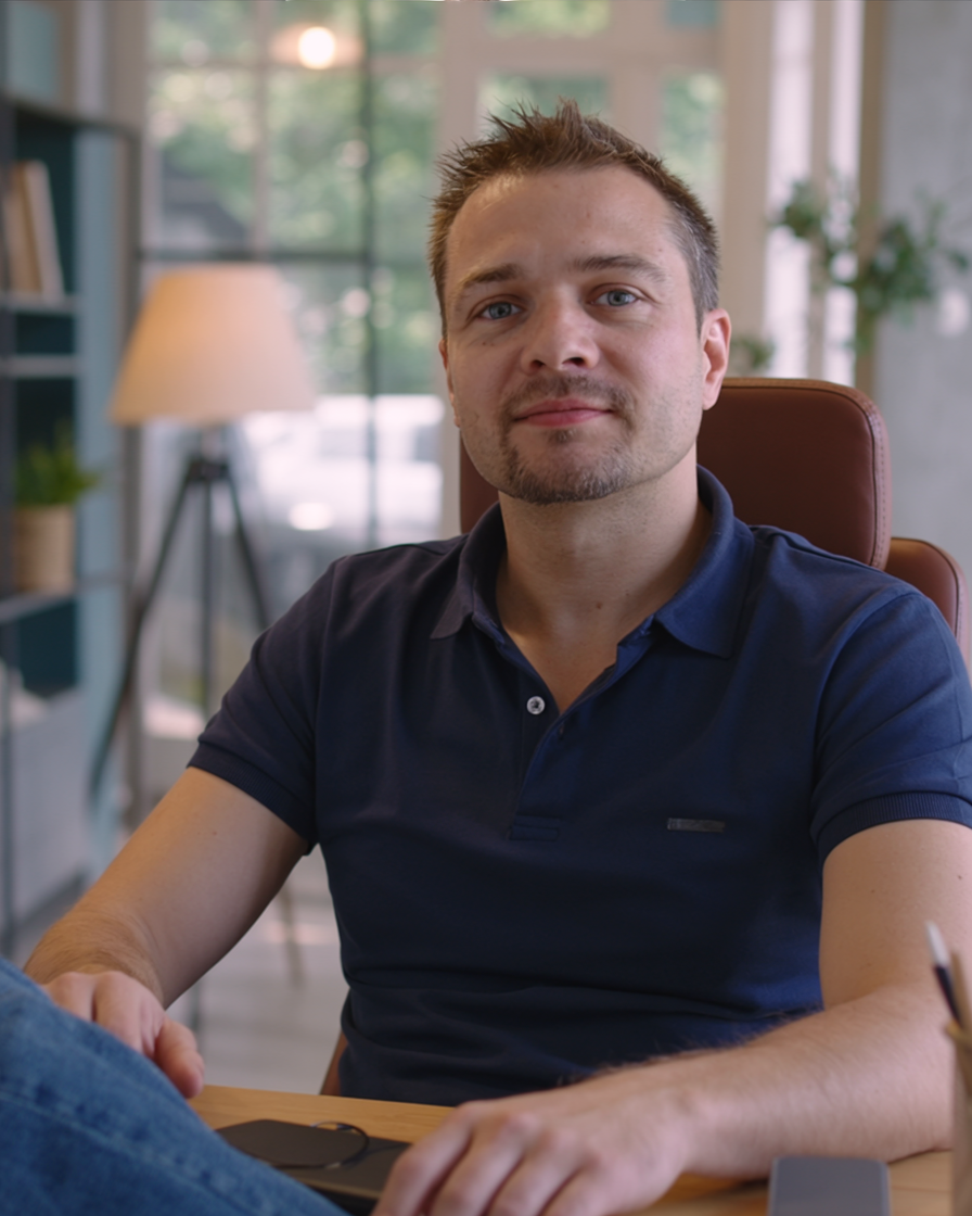 Tobias Meyknecht, Autor von Eigentakt, sitzt entspannt mit einem Buch in der Hand.